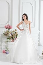 Excellent Brush Train A-line Wedding Gown White One Shoulder Satin Sleeveless With Train Lace Up