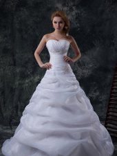 Low Price White Organza Lace Up Sweetheart Sleeveless Floor Length Wedding Gown Brush Train Beading and Ruching and Pick Ups