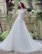 Wonderful White Long Sleeves Tulle and Lace Court Train Clasp Handle Wedding Gown for Wedding Party