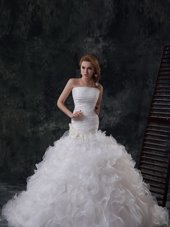 Amazing Organza Strapless Sleeveless Brush Train Lace Up Ruffles and Ruching Wedding Dress in White