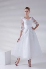 Affordable White A-line Tulle and Lace Scoop Sleeveless Lace and Appliques Ankle Length Lace Up Wedding Dress