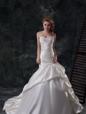 Most Popular Mermaid Sweetheart Sleeveless Court Train Lace Up Wedding Gown White Taffeta