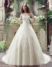 Decent Champagne A-line Tulle Sweetheart Sleeveless Lace and Appliques and Bowknot Lace Up Wedding Gowns Court Train