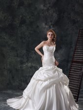 Sexy Mermaid Sleeveless Taffeta Brush Train Lace Up Wedding Gowns in White for with Beading and Ruching and Pick Ups