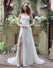 Artistic Sweetheart Sleeveless Wedding Dresses Brush Train Beading and Ruching White Chiffon