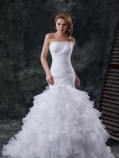 Luxurious Mermaid Sleeveless Organza Brush Train Lace Up Wedding Gown in White for with Ruffles and Ruching