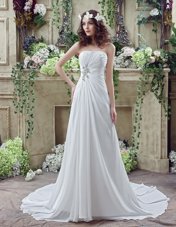 Decent White Chiffon Lace Up Wedding Gown Sleeveless Brush Train Beading and Appliques and Ruching