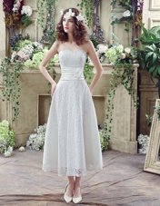 Delicate Sleeveless Ankle Length Lace and Hand Made Flower Lace Up Wedding Dress with White