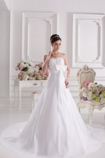 White A-line Satin Sweetheart Sleeveless Lace and Bowknot Lace Up Wedding Gowns Court Train