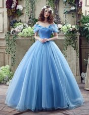 Popular Off the Shoulder Blue Sleeveless Organza Lace Up Wedding Gowns for Wedding Party
