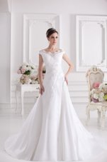 Discount Off the Shoulder White Zipper Scalloped Beading and Appliques Wedding Gowns Satin Sleeveless Court Train