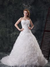 Sweetheart Sleeveless Organza and Fabric With Rolling Flowers Wedding Dress Beading and Ruching and Hand Made Flower Court Train Lace Up