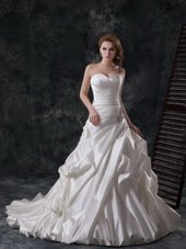 Fabulous Lace Up Wedding Gown White and In for Wedding Party with Beading and Appliques and Ruching and Pick Ups Court Train