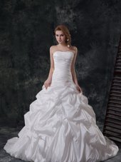 Affordable Ruching and Pick Ups Wedding Dress White Lace Up Sleeveless With Brush Train