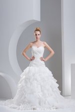 Glorious Ruffled Brush Train A-line Wedding Gowns White Sweetheart Organza Sleeveless With Train Lace Up