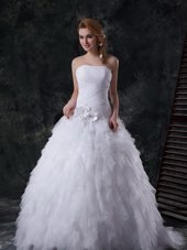 Fashionable White Lace Up Wedding Gowns Beading and Ruffles and Ruching and Hand Made Flower Sleeveless With Brush Train