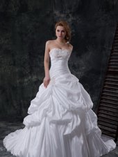 High End White Taffeta Zipper Sweetheart Sleeveless With Train Wedding Dresses Brush Train Beading and Pick Ups