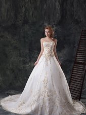 Super White Sweetheart Neckline Beading and Embroidery Wedding Gown Sleeveless Zipper