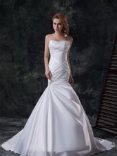 Pretty Mermaid Bridal Gown White Strapless Taffeta Sleeveless With Train Lace Up