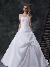 Fantastic One Shoulder Beading and Pick Ups Wedding Dresses White Lace Up Sleeveless With Brush Train