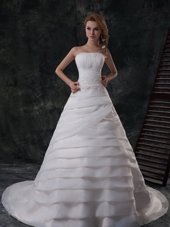 Ideal Beading and Appliques and Ruffled Layers Wedding Gowns White Lace Up Sleeveless With Brush Train