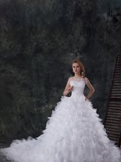 Scoop Sleeveless Beading and Ruffles Lace Up Wedding Gowns with White Chapel Train