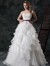 Graceful Ruffled Brush Train A-line Wedding Gowns White Sweetheart Organza Sleeveless Zipper