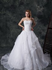Pretty Sleeveless Organza Court Train Lace Up Wedding Gowns in White for with Beading and Lace and Appliques