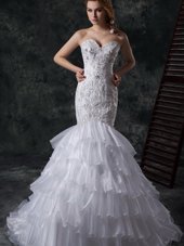 White Mermaid Beading and Appliques and Ruffles Wedding Dresses Lace Up Organza Sleeveless