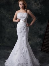 Superior Mermaid White Lace Up Sweetheart Beading and Appliques and Bowknot and Belt Wedding Gowns Lace Sleeveless Brush Train