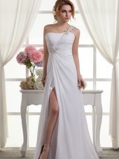 Best One Shoulder Beading and Ruching Wedding Dresses White Lace Up Sleeveless
