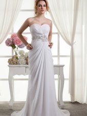 Most Popular Sleeveless Chiffon Sweep Train Lace Up Wedding Gowns in White for with Beading and Ruching