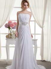 Fabulous White Column/Sheath Beading and Ruching Bridal Gown Lace Up Chiffon Sleeveless