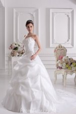 Gorgeous White A-line Sweetheart Sleeveless Satin Court Train Lace Up Lace and Embroidery and Pick Ups Wedding Dresses