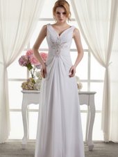 Great V-neck Sleeveless Wedding Gowns Floor Length Beading White Chiffon