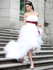 Glittering White Organza Zipper Wedding Dress Sleeveless High Low Ruffles and Belt and Hand Made Flower