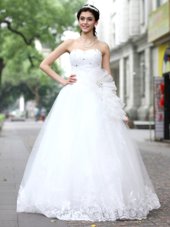Custom Made Sweetheart Sleeveless Wedding Dress Floor Length Sequins White Tulle and Lace