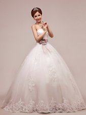 Beauteous Sequins Lace and Appliques and Ruching and Belt Wedding Dresses White Lace Up Sleeveless Floor Length