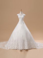 Noble Short Sleeves Lace and Appliques Lace Up Wedding Gowns with White Chapel Train