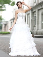 Ruffled Floor Length A-line Sleeveless White Bridal Gown Lace Up