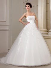 Fashion White Tulle Lace Up Wedding Dress Sleeveless With Train Court Train Appliques