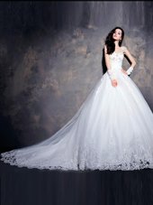 Delicate Cap Sleeves With Train Beading and Appliques Lace Up Wedding Gown with White Court Train