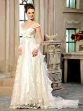 Sophisticated White Empire Beading and Appliques and Ruffles Bridal Gown Lace Up Organza Cap Sleeves With Train