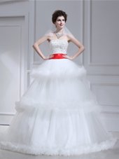 Fashion Beading and Ruffled Layers Wedding Gowns White Lace Up Sleeveless With Brush Train