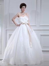 Great White Sleeveless Ruffles and Sashes|ribbons Floor Length Wedding Gowns