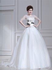 Fabulous Scoop Half Sleeves Organza Wedding Gowns Beading and Appliques Brush Train Zipper