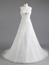 Trendy Sweetheart Sleeveless Wedding Dress With Brush Train Beading and Appliques White Tulle