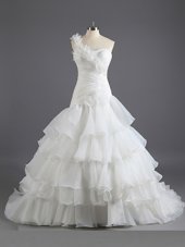 Delicate Sweetheart Sleeveless Chiffon Bridal Gown Beading and Ruffled Layers and Ruching Court Train Lace Up
