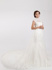 Low Price With Train White Wedding Dresses High-neck Short Sleeves Chapel Train Clasp Handle