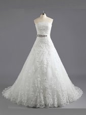 Best White Scalloped Neckline Beading and Lace Wedding Gowns Sleeveless Lace Up